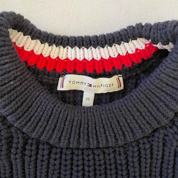 Tommy Hilfiger Navy Crewneck Chunky Ribbed Sweater Red & White Stripes Medium - Picture 3 of 6